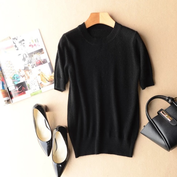 NEW Black Cashmere Crewneck Short Sleeve Top - Picture 2 of 6